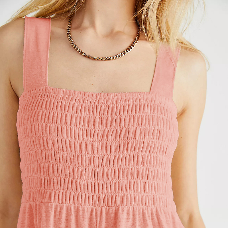 Women Clothes Manufacturer Factory Supplier Pink Shirred Bodice Romper Summer Beach Wear